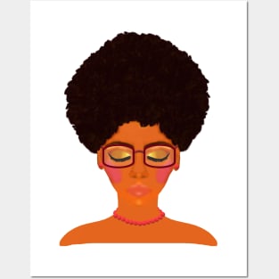 Woman with Afro, Glasses and Coral Beaded Jewelry (White Background) Posters and Art